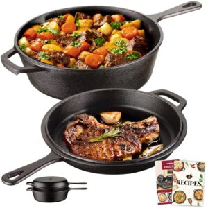 overmont cast iron dutch oven with dual use skillet lid for oven, induction, electric, grill, stovetop, (3.2qt pot, 10.5 inches)