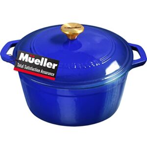 mueller 6qt enameled cast iron dutch oven, heavy-duty casserole and braiser pan with lid and knob, safe for all cooktops - blue