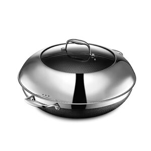 hexclad hybrid nonstick 14 inch wok with steel lid, dishwasher and oven safe, induction ready, compatible with all cooktops