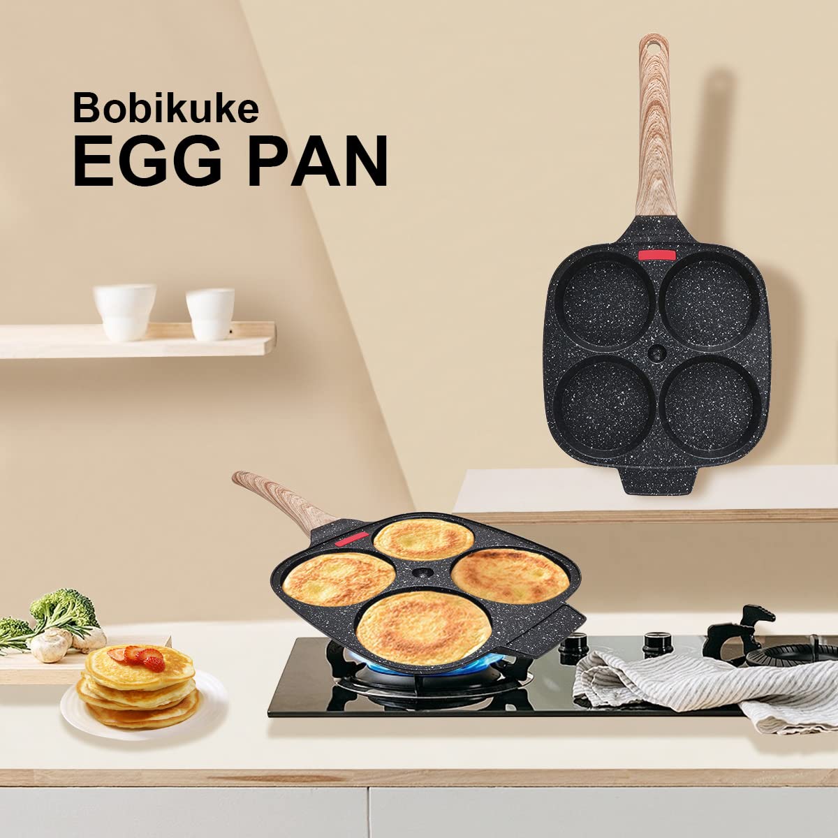 Bobikuke Egg Pan, Egg Frying Pan with Lid Nonstick 4 Cups Pancake Pan Fried Egg Pan for Breakfast - Black