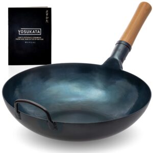 yosukata flat bottom wok pan - 13.5" blue carbon steel wok - preseasoned carbon steel skillet - traditional japanese cookware for electric induction cooktops woks and stir fry pans