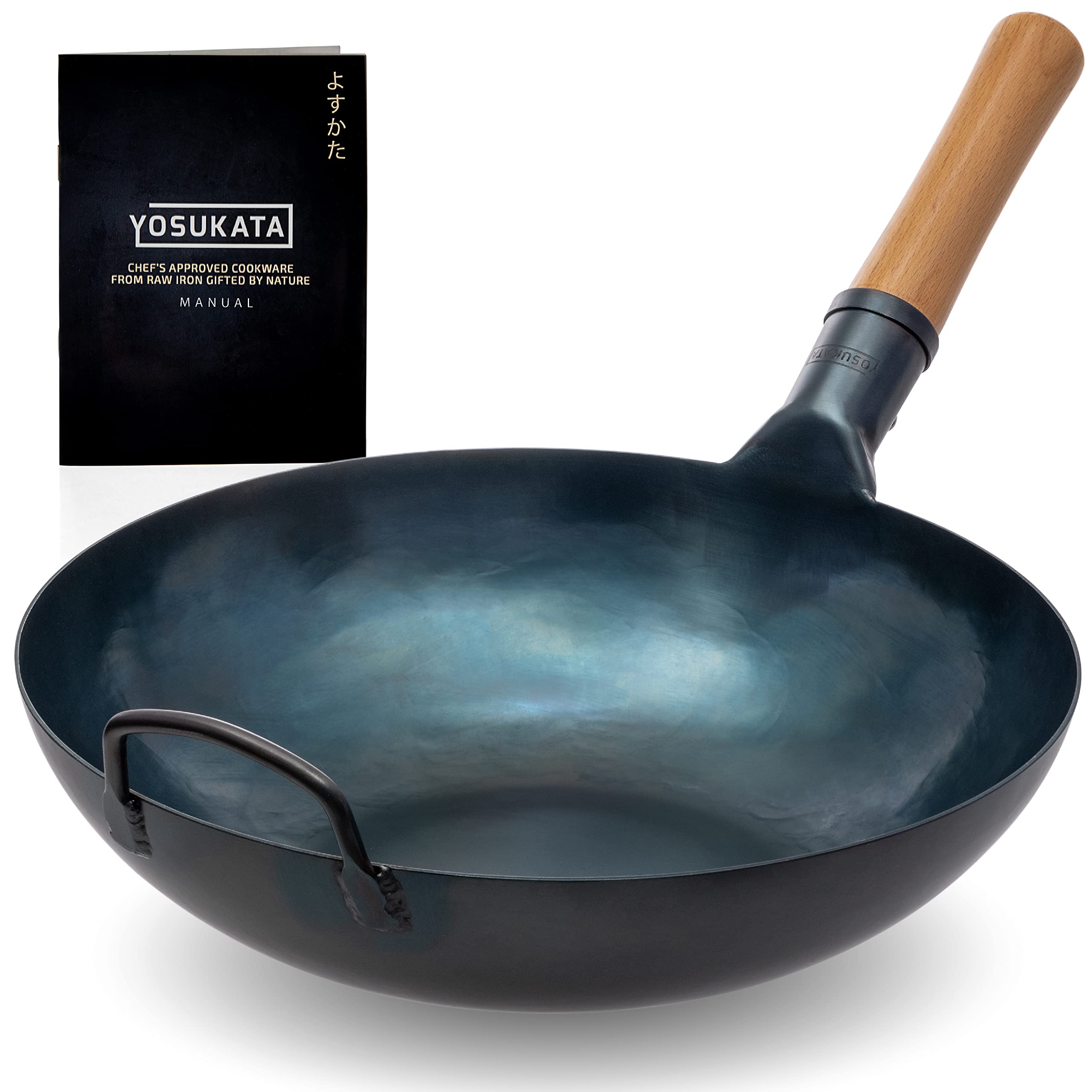 YOSUKATA Flat Bottom Wok Pan - 13.5" Blue Carbon Steel Wok - Preseasoned Carbon Steel Skillet - Traditional Japanese Cookware for Electric Induction Cooktops Woks and Stir Fry Pans