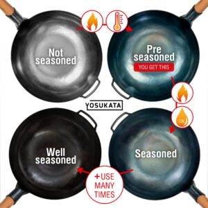 YOSUKATA Flat Bottom Wok Pan - 13.5" Blue Carbon Steel Wok - Preseasoned Carbon Steel Skillet - Traditional Japanese Cookware for Electric Induction Cooktops Woks and Stir Fry Pans