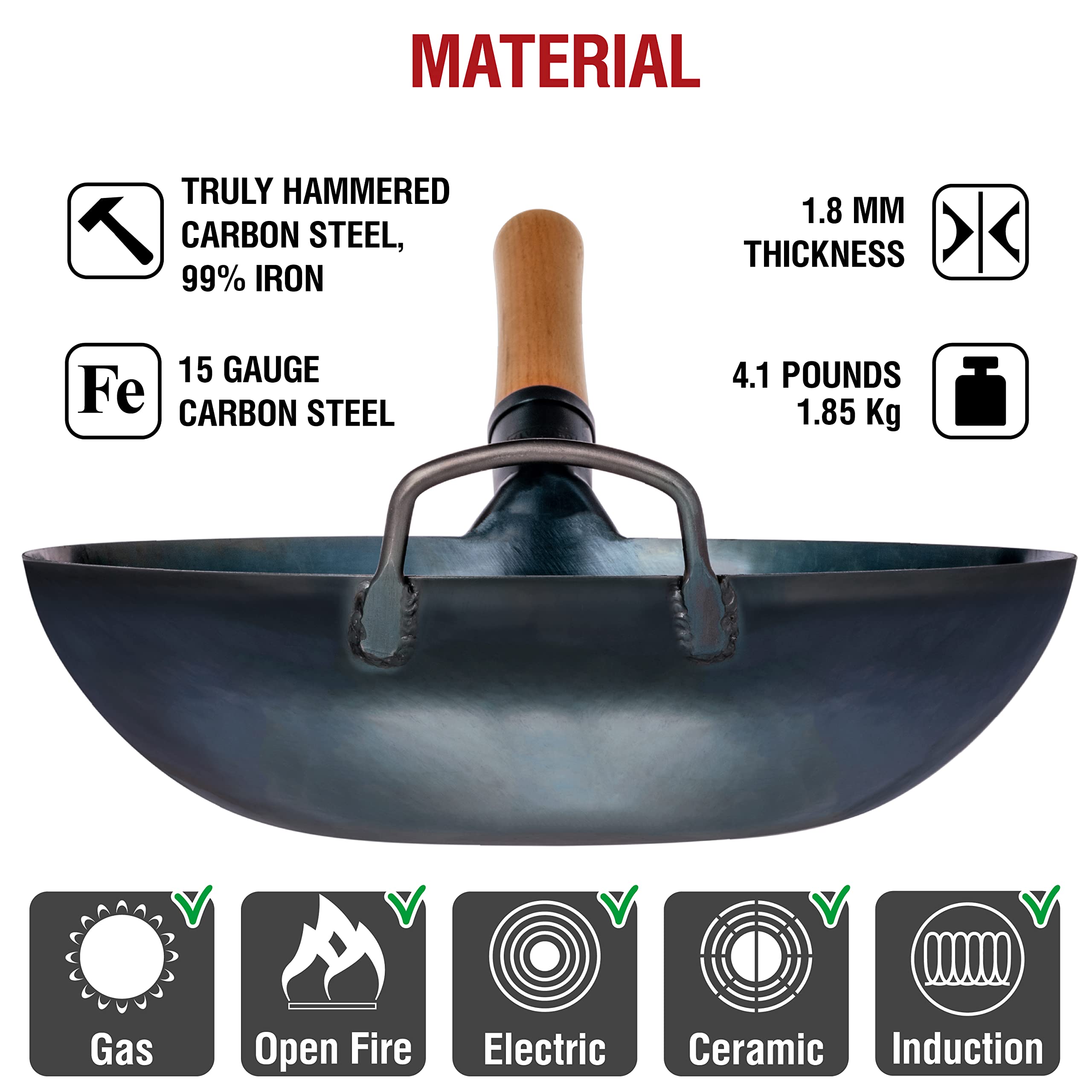 YOSUKATA Flat Bottom Wok Pan - 13.5" Blue Carbon Steel Wok - Preseasoned Carbon Steel Skillet - Traditional Japanese Cookware for Electric Induction Cooktops Woks and Stir Fry Pans
