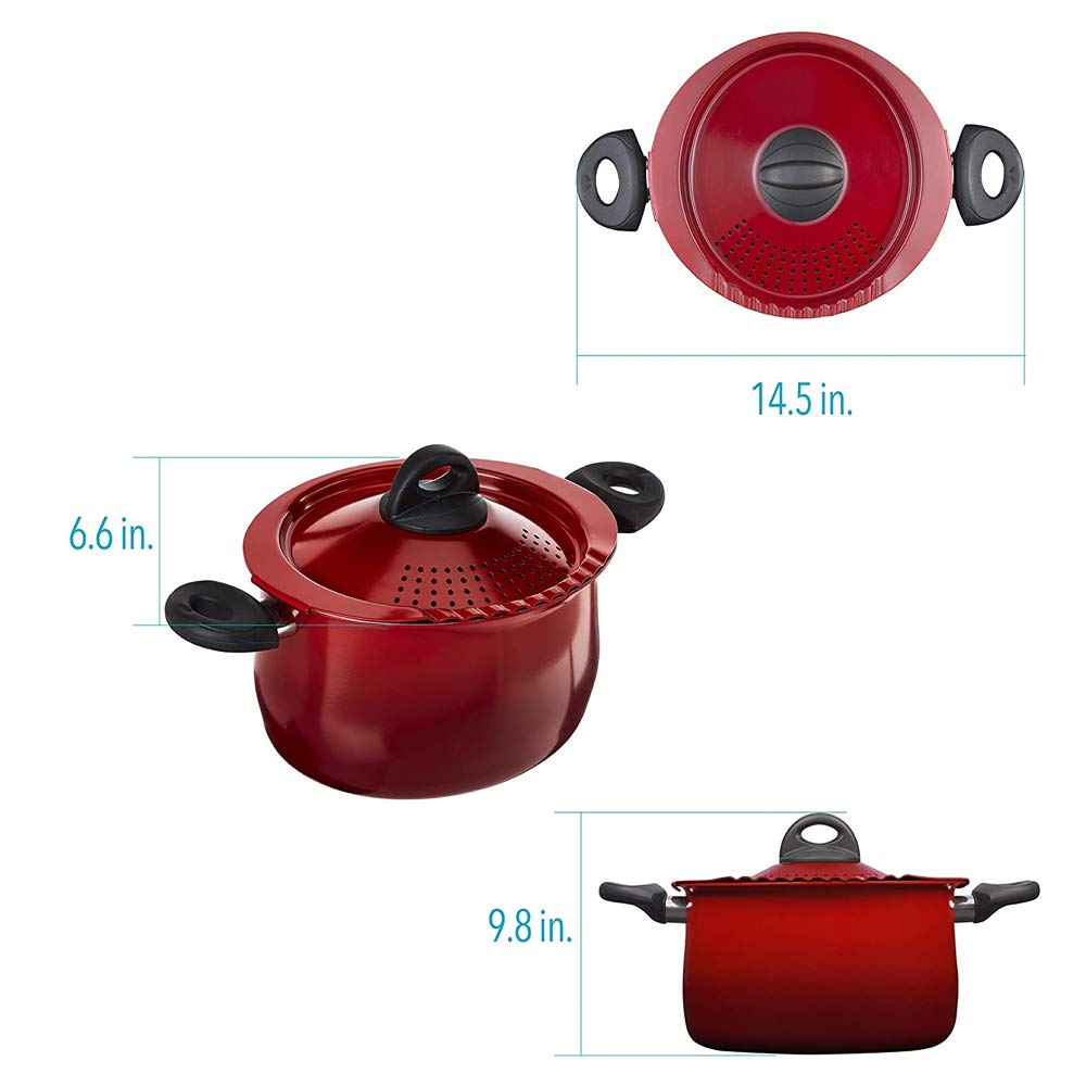 Bialetti Oval Aluminum 5.5 Quart Pasta Pot with Strainer Lid, Nonstick, Red, 5.5 Quarts