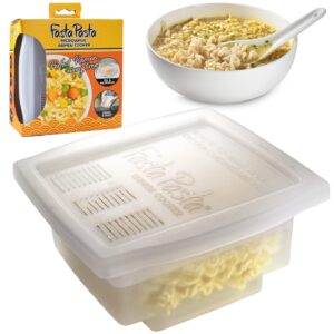 the original fasta pasta microwave ramen cooker w lid and built-in strainer- no more messes, waiting for water to boil,or sticky noodles- perfect al dente pasta every time- patented, it really works