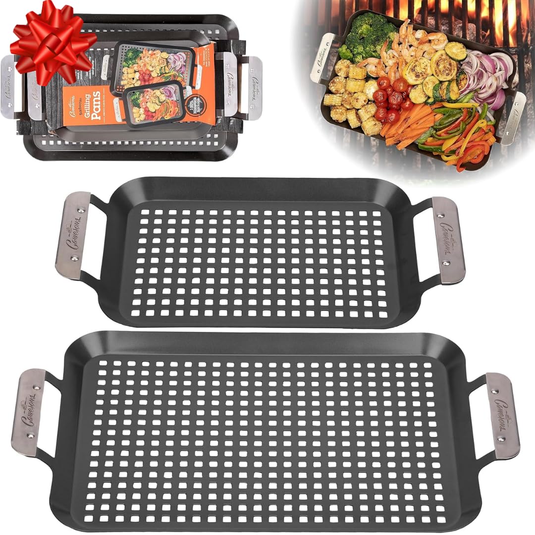 Camerons BBQ Grill Topper Grilling Pans (Set of 2 - Non-Stick Barbecue Trays w Stainless Steel Handles - Indoor Outdoor use for Barbecue & Smoked Meat, Vegetables & Seafood - Grill Accessory Gift Pack