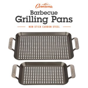 Camerons BBQ Grill Topper Grilling Pans (Set of 2 - Non-Stick Barbecue Trays w Stainless Steel Handles - Indoor Outdoor use for Barbecue & Smoked Meat, Vegetables & Seafood - Grill Accessory Gift Pack