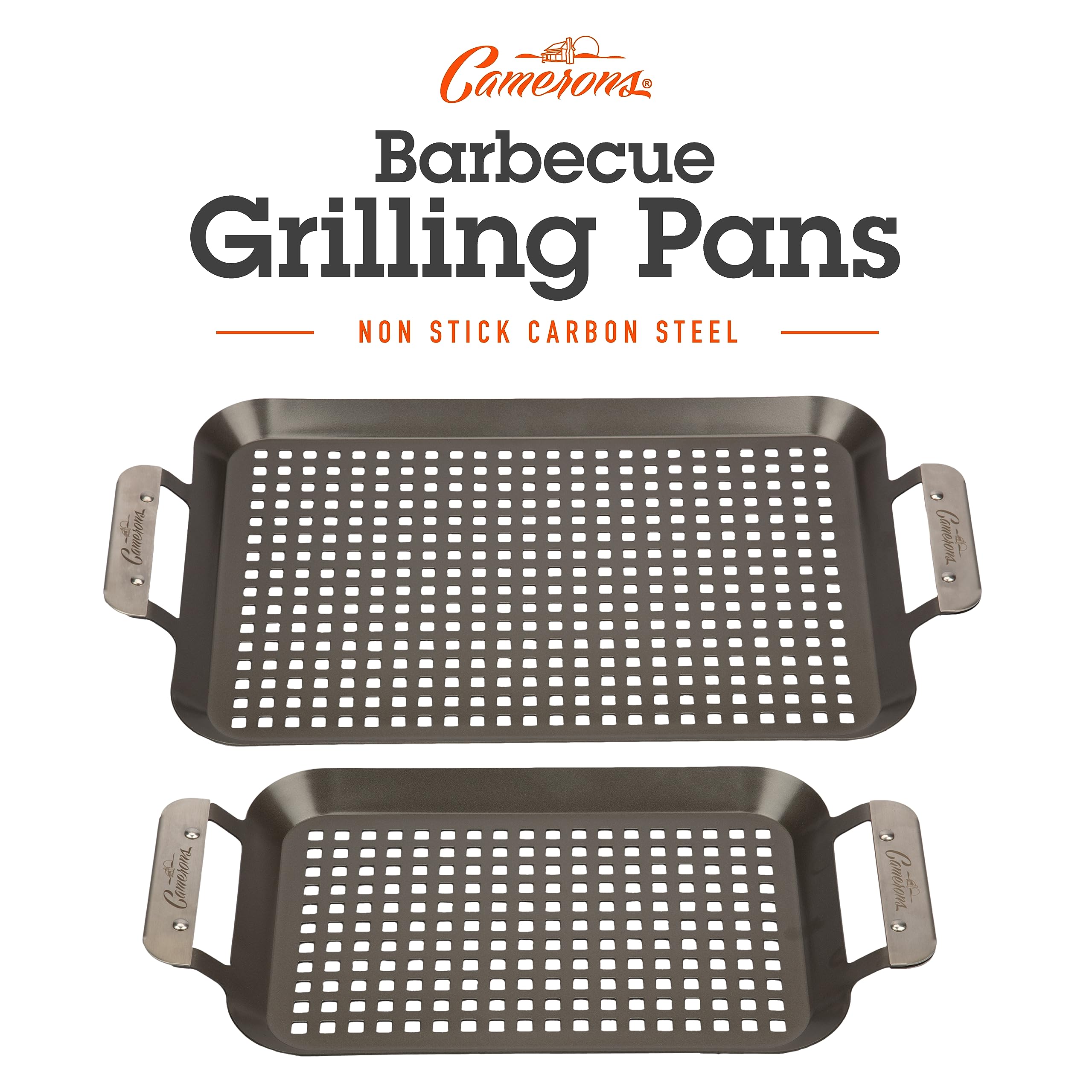 Camerons BBQ Grill Topper Grilling Pans (Set of 2 - Non-Stick Barbecue Trays w Stainless Steel Handles - Indoor Outdoor use for Barbecue & Smoked Meat, Vegetables & Seafood - Grill Accessory Gift Pack