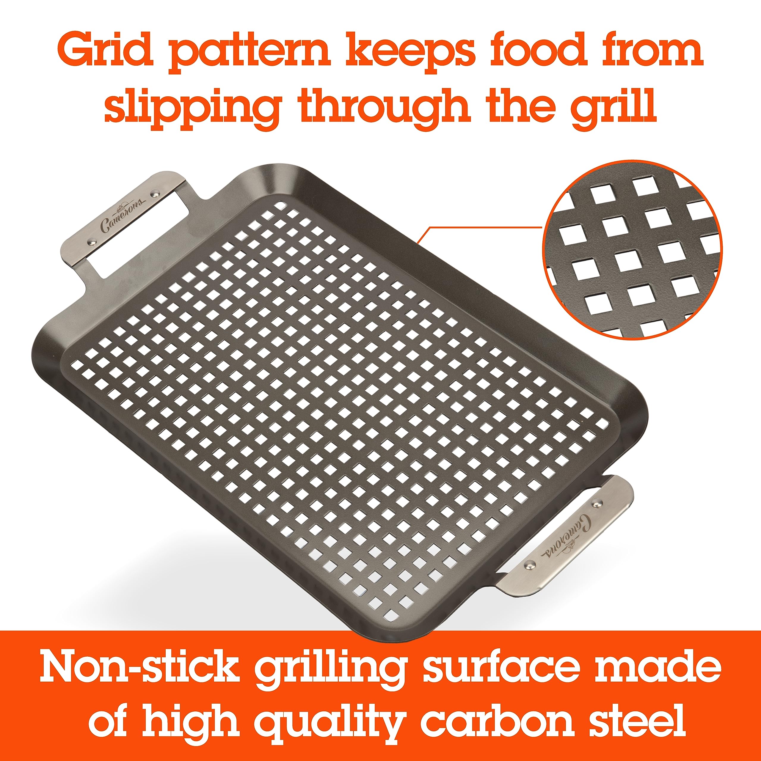 Camerons BBQ Grill Topper Grilling Pans (Set of 2 - Non-Stick Barbecue Trays w Stainless Steel Handles - Indoor Outdoor use for Barbecue & Smoked Meat, Vegetables & Seafood - Grill Accessory Gift Pack