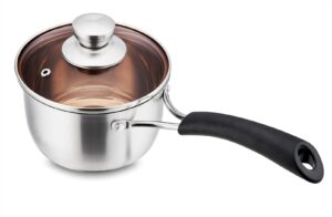 p&p chef 1 quart saucepan, brushed stainless steel saucepan with lid, small sauce pan for home kitchen restaurant cooking, easy clean and dishwasher safe, sliver, brown, black
