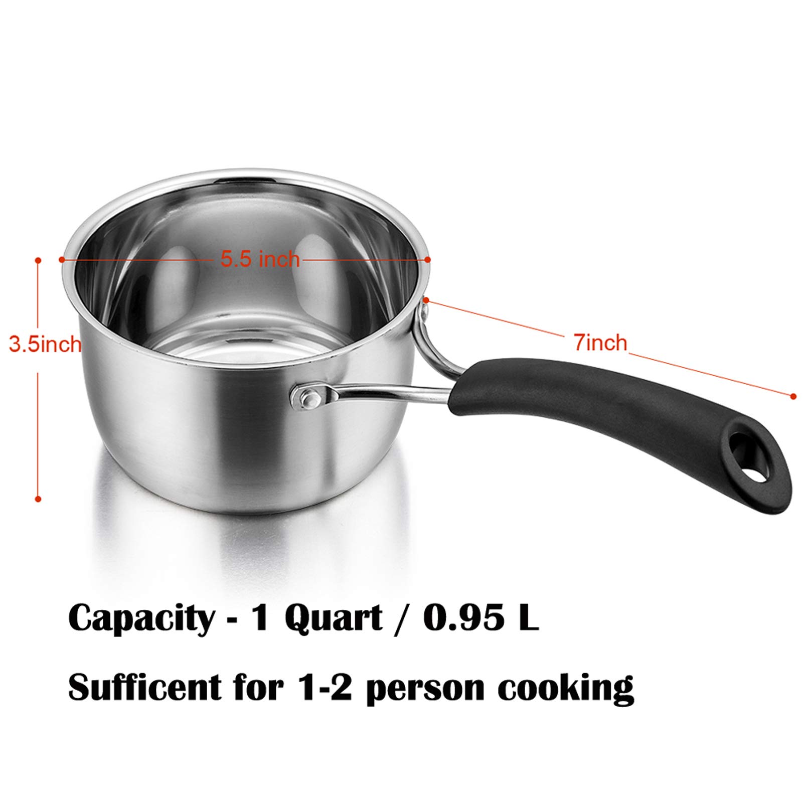 P&P CHEF 1 Quart Saucepan, Brushed Stainless Steel Saucepan with Lid, Small Sauce Pan for Home kitchen Restaurant Cooking, Easy Clean and Dishwasher Safe, Sliver, Brown, Black