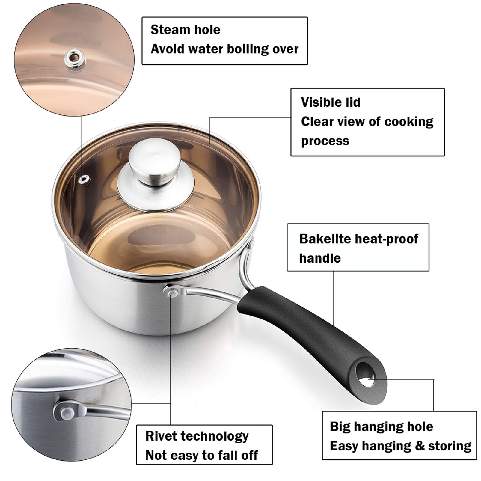 P&P CHEF 1 Quart Saucepan, Brushed Stainless Steel Saucepan with Lid, Small Sauce Pan for Home kitchen Restaurant Cooking, Easy Clean and Dishwasher Safe, Sliver, Brown, Black