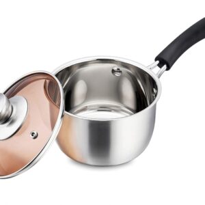 P&P CHEF 1 Quart Saucepan, Brushed Stainless Steel Saucepan with Lid, Small Sauce Pan for Home kitchen Restaurant Cooking, Easy Clean and Dishwasher Safe, Sliver, Brown, Black