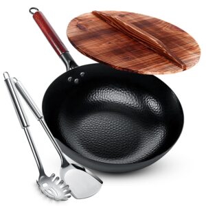 homeries wok pan - 12.8" woks and stir fry pans, carbon steel wok with wooden handle and lid and 2 spatulas - non-stick flat bottom wok frying pan suitable for electric, induction, and gas stoves