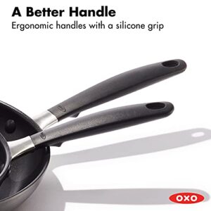 OXO Good Grips 8" and 10" Frying Pan Skillet Set, 3-Layered German Engineered Nonstick Coating, Stainless Steel Handle with Nonslip Silicone, Black