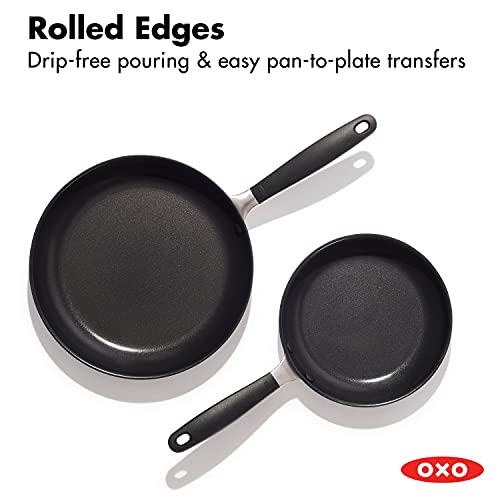 OXO Good Grips 8" and 10" Frying Pan Skillet Set, 3-Layered German Engineered Nonstick Coating, Stainless Steel Handle with Nonslip Silicone, Black