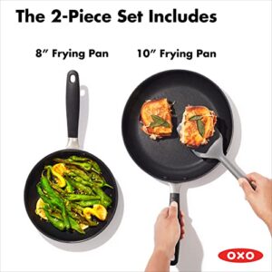 OXO Good Grips 8" and 10" Frying Pan Skillet Set, 3-Layered German Engineered Nonstick Coating, Stainless Steel Handle with Nonslip Silicone, Black