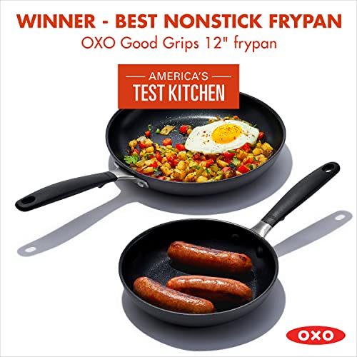 OXO Good Grips 8" and 10" Frying Pan Skillet Set, 3-Layered German Engineered Nonstick Coating, Stainless Steel Handle with Nonslip Silicone, Black