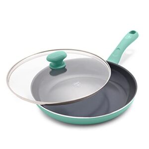 greenlife soft grip diamond healthy ceramic nonstick, 11" frying pan skillet with lid, pfas-free, dishwasher safe, turquoise