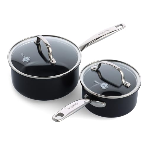 GreenPan Chatham Black Prime Midnight Hard Anodized Healthy Ceramic Nonstick, 1QT and 2QT Saucepan Pot Set with Lids, PFAS-Free, Dishwasher Safe, Oven Safe, Black