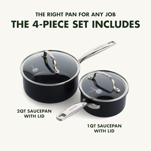 GreenPan Chatham Black Prime Midnight Hard Anodized Healthy Ceramic Nonstick, 1QT and 2QT Saucepan Pot Set with Lids, PFAS-Free, Dishwasher Safe, Oven Safe, Black