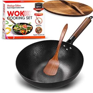 gold dragon heritage edition carbon steel wok pan with lid | 12.5" preseasoned quality wok set | traditional stir fry pan | round flat bottom wok