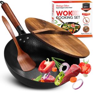 Gold Dragon Heritage Edition Carbon Steel Wok Pan with Lid | 12.5" Preseasoned Quality Wok Set | Traditional Stir Fry Pan | Round Flat Bottom Wok