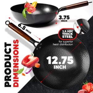 Gold Dragon Heritage Edition Carbon Steel Wok Pan with Lid | 12.5" Preseasoned Quality Wok Set | Traditional Stir Fry Pan | Round Flat Bottom Wok