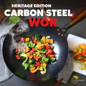 Gold Dragon Heritage Edition Carbon Steel Wok Pan with Lid | 12.5" Preseasoned Quality Wok Set | Traditional Stir Fry Pan | Round Flat Bottom Wok