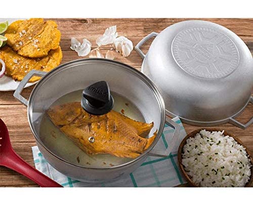 IMUSA USA Traditional Colombian Natural Caldero Glass Lid & Steam Vent 3-Piece (1.4/3.4/6.6) Quart, Silver (Dutch Oven Set)