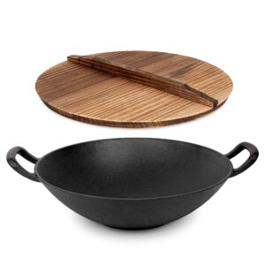 homeries pre-seasoned cast iron wok with 2 handled and wooden lid (14 inches) nonstick iron deep frying pan with flat base for stir-fry, grilling, frying, steaming - for authentic asian, chinese food