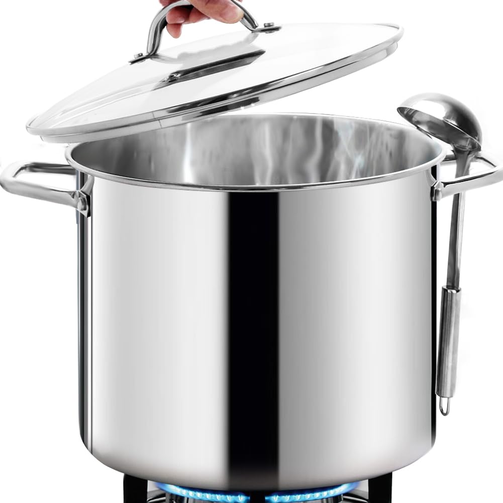 HOMICHEF Commercial Grade LARGE STOCK POT 20 Quart With Lid - Nickel Free Stainless Steel Cookware - Healthy Polished Stockpots - Heavy Duty Induction Soup Pot