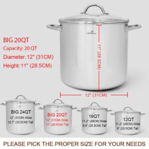 HOMICHEF Commercial Grade LARGE STOCK POT 20 Quart With Lid - Nickel Free Stainless Steel Cookware - Healthy Polished Stockpots - Heavy Duty Induction Soup Pot