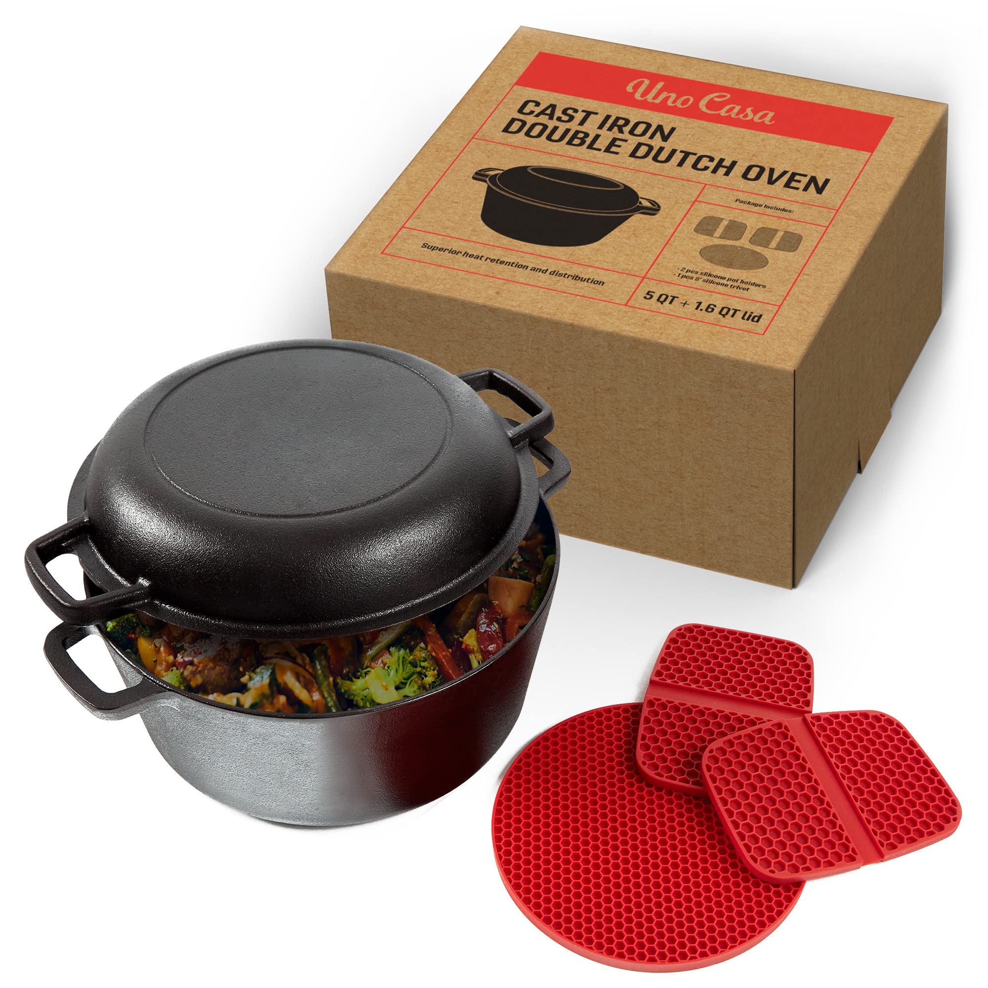 Uno Casa 2in1 Dutch Oven Large - 5 Quart Dutch Oven Pot with Lid, Seasoned Cast Iron Camping Stove for Bread, Heavy Duty Cast Iron Pot with Frying Pan