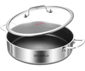 delarlo tri-ply stainless steel saute pan 6 quarts deep frying pan, 12 inch induction compatible chef cooking pan, sauté pan with lid, dishwasher & oven safe