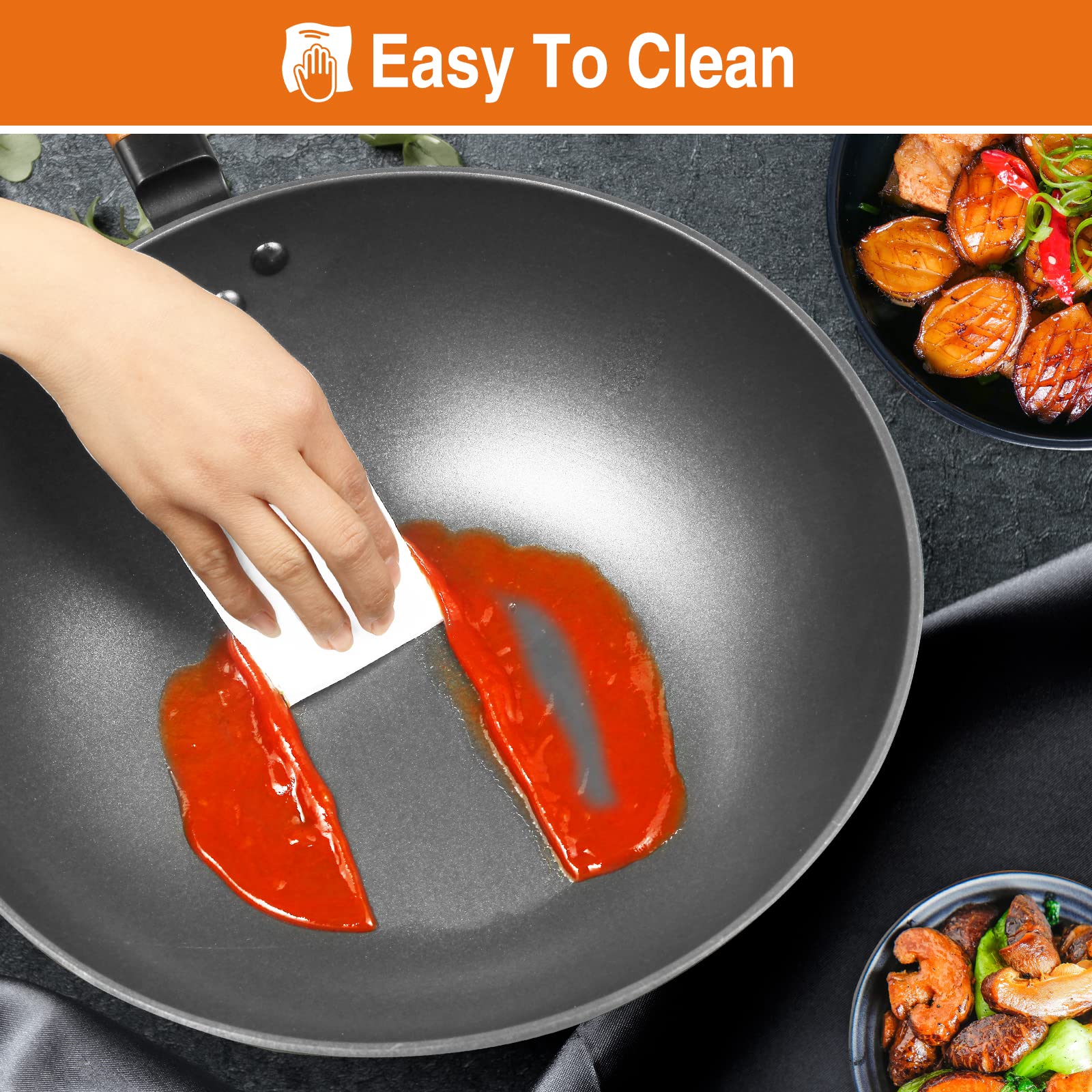 Anyfish Wok Pan with Lid, 13in Woks & Stir Fry Pans with Silicone Spatula, Nonstick Wok and Carbon Steel Woks, No Chemical Coated Flat Bottom Chinese Wok For Induction, Electric, Gas, All Stoves