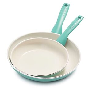 greenpan rio healthy ceramic nonstick 8" and 10" frying pan skillet set, pfas-free, dishwasher safe, turquoise