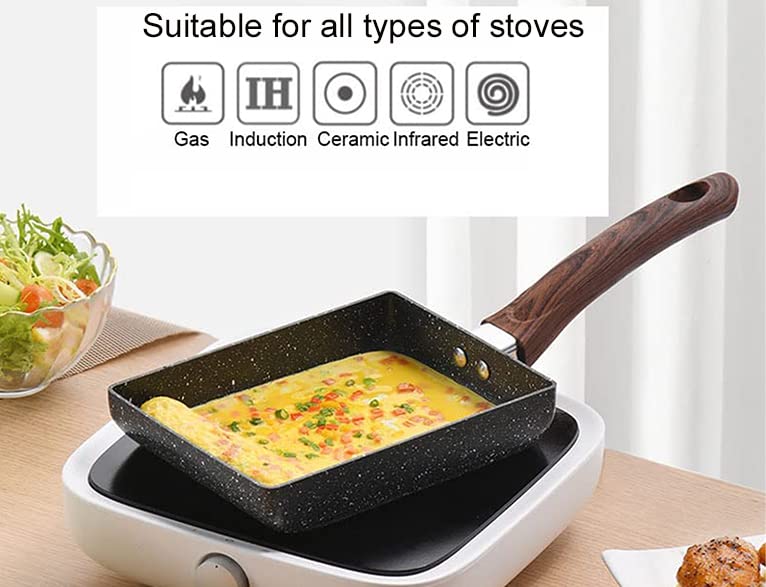 Tamagoyaki Pan Japanese Omelet Pan,Rectangle Maker Frying Pans,Japanese Tamagoyaki Pan with Silicone Brush & Spetula, Egg Pan, Gas Stove and Induction Hob, 7” x 5”,Black