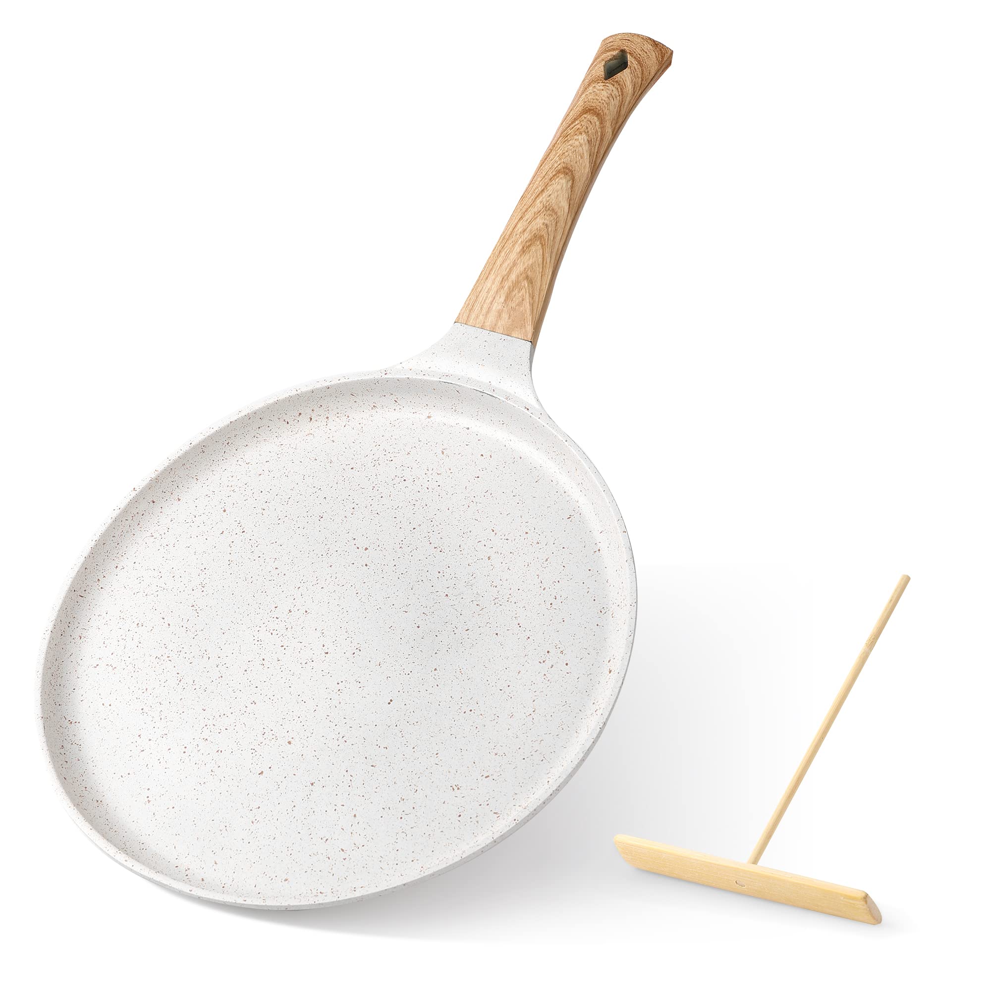 Zalnuuk Crepe Pan, 11 Inch Nonstick Dosa Tawa with Spreader, for All Stove, Tortilla Pan with Detachable Handle, Cream White