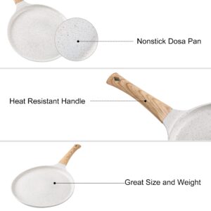 Zalnuuk Crepe Pan, 11 Inch Nonstick Dosa Tawa with Spreader, for All Stove, Tortilla Pan with Detachable Handle, Cream White