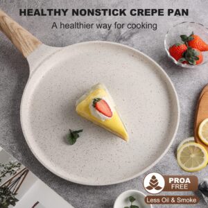 Zalnuuk Crepe Pan, 11 Inch Nonstick Dosa Tawa with Spreader, for All Stove, Tortilla Pan with Detachable Handle, Cream White