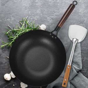 Cookeriess Hand Hammered Carbon Steel Wok, Wooden Lid Asian Spatula with Handle - Stir Fry Pan for Chinese, Japanese, and Cantonese Cuisine – Flat Bottom Wok Cooking by Cookeries / 2 Accessories