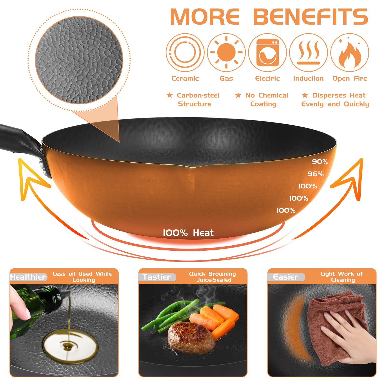 Cookeriess Hand Hammered Carbon Steel Wok, Wooden Lid Asian Spatula with Handle - Stir Fry Pan for Chinese, Japanese, and Cantonese Cuisine – Flat Bottom Wok Cooking by Cookeries / 2 Accessories