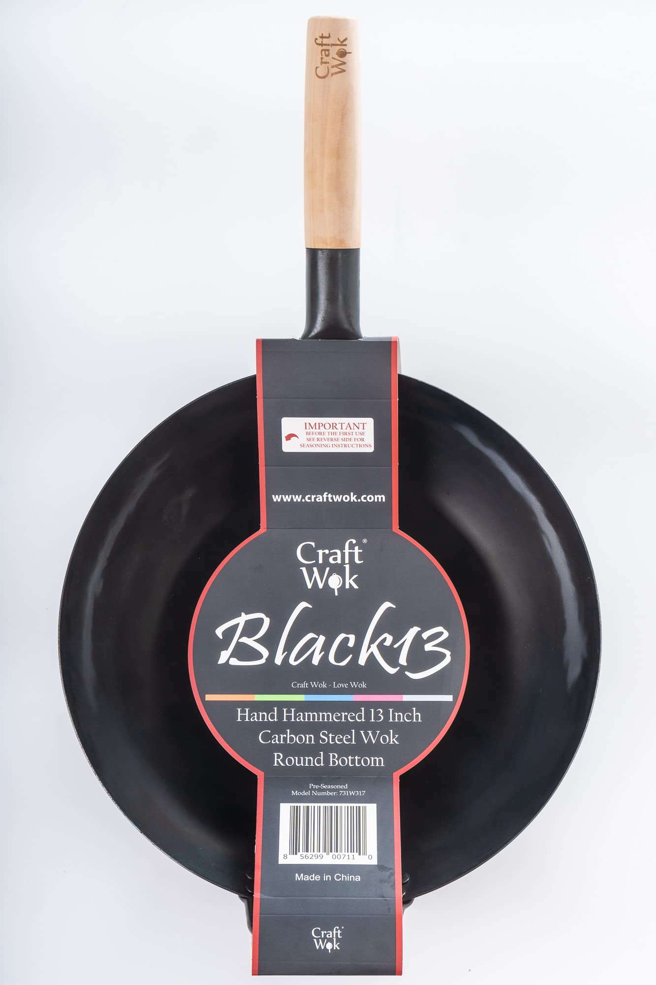 Craft Wok Black13 Pre-Seasoned Hand Hammered Carbon Steel Pow Wok with Wooden and Steel Helper Handle (13 Inch, Round Bottom)