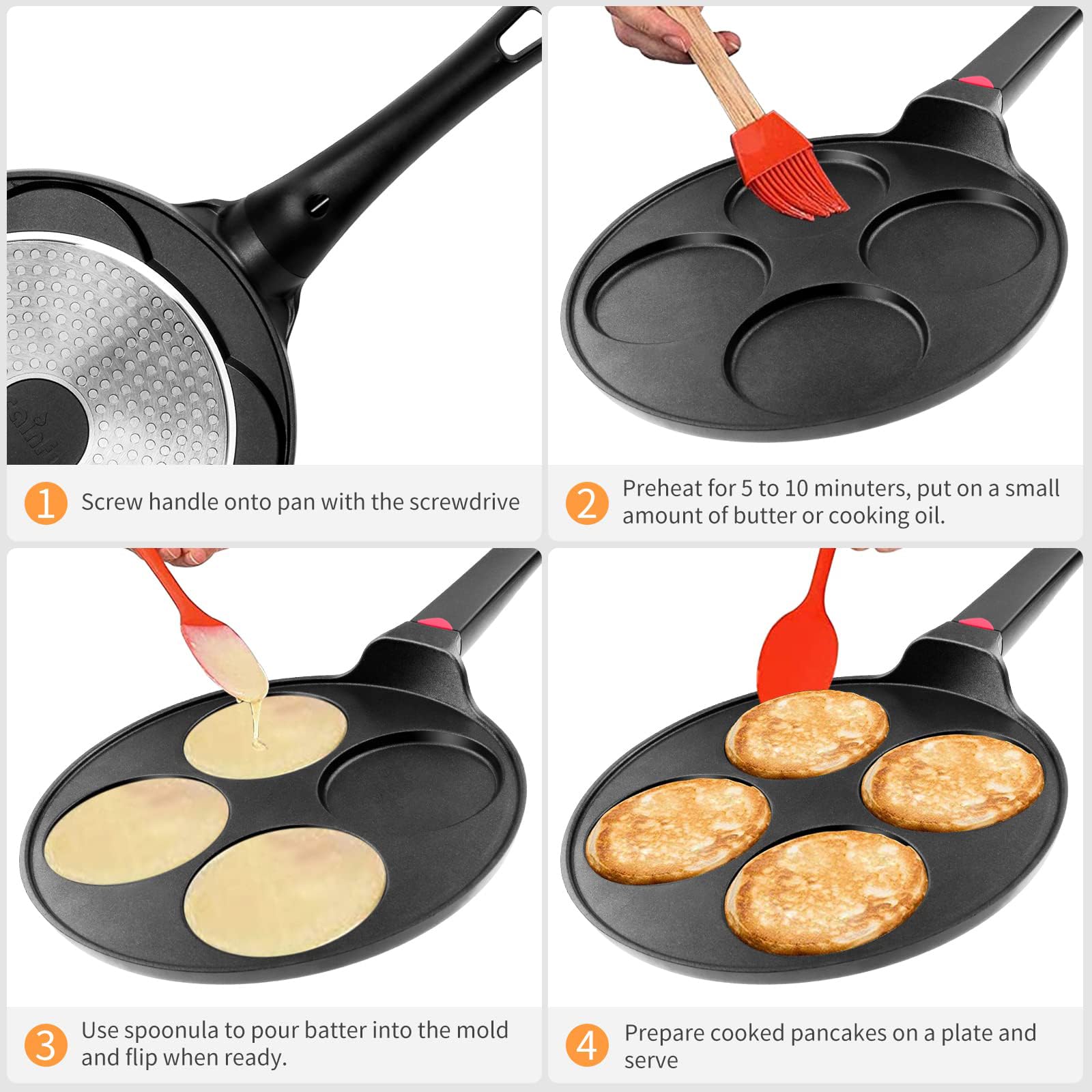 CAINFY Pancake Pan Nonstick-Suitable for All Stovetops & Induction Cooker, 10.5 Inch Mini Silver Dollar Grill Blini Griddle Crepe Pan, 4 Molds Cake Egg Skillet, 100% PFOA Free Coating