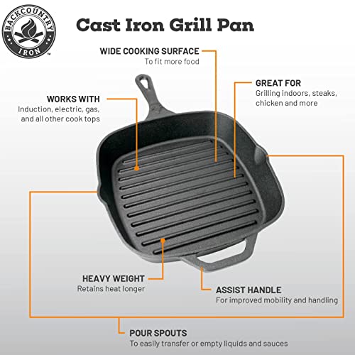 Backcountry Iron 12 Inch Square Grill Pan Large Pre-Seasoned Cast Iron