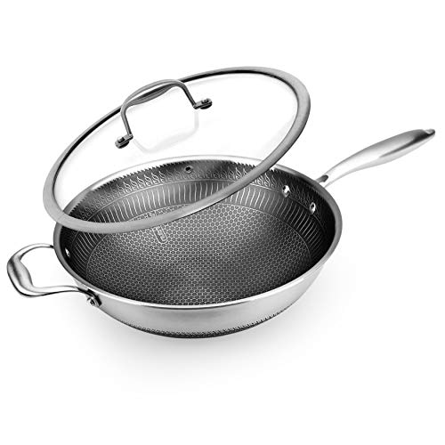 NutriChef 12" Stainless Steel Durable Wok - Triply Kitchenware with Glass Lid, Side Handle - DAKIN Etching Non-Stick Coating, Scratch-resistant Raised-up Honeycomb Fire Textured Pattern - NCS3PWOK