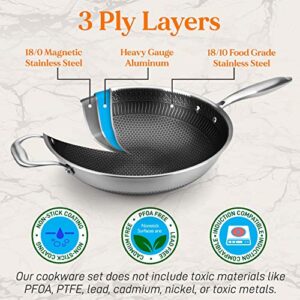 NutriChef 12" Stainless Steel Durable Wok - Triply Kitchenware with Glass Lid, Side Handle - DAKIN Etching Non-Stick Coating, Scratch-resistant Raised-up Honeycomb Fire Textured Pattern - NCS3PWOK