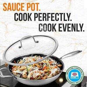 NutriChef 12" Stainless Steel Durable Wok - Triply Kitchenware with Glass Lid, Side Handle - DAKIN Etching Non-Stick Coating, Scratch-resistant Raised-up Honeycomb Fire Textured Pattern - NCS3PWOK